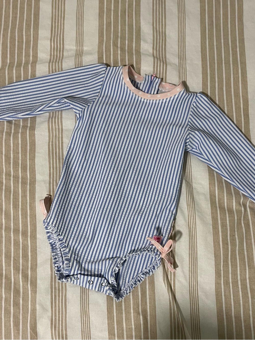Rufflebutts Blue & White Striped Long-Sleeve Kids Swim Suit with Pink Trim